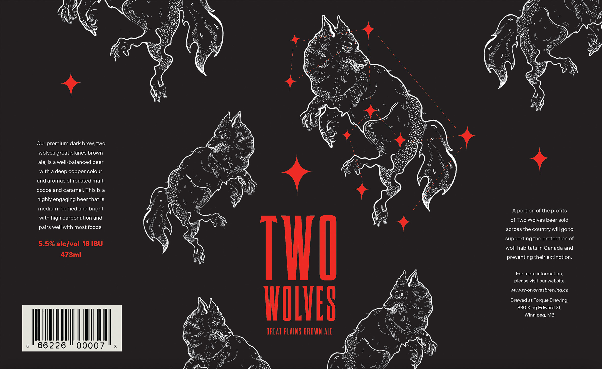 Flat layout spread of black two wolves can redesign. centre is red two wolves logo with four illustrated images of wolves. on each end is text about the contents of the drink.