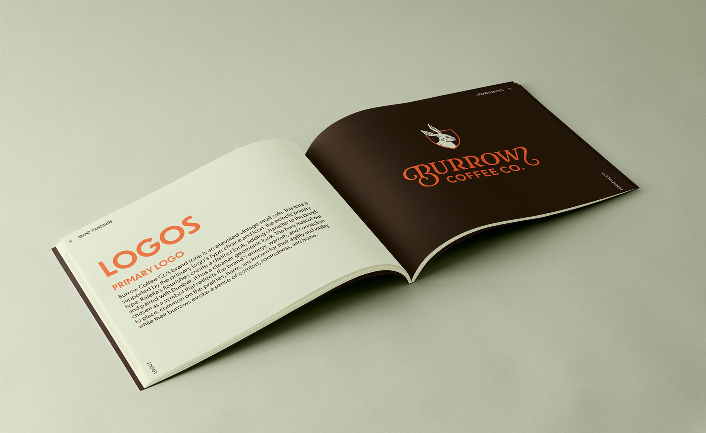 cream background featuring an open spread of Brand guileless booklet open to page about primary logo mark.