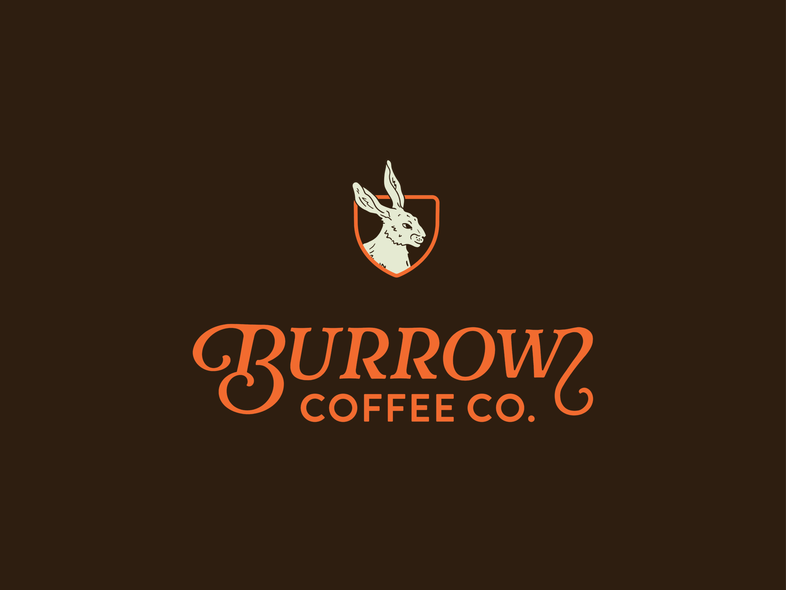 Burrow primary logo orange type with hare mascot illustrations. with brown background.