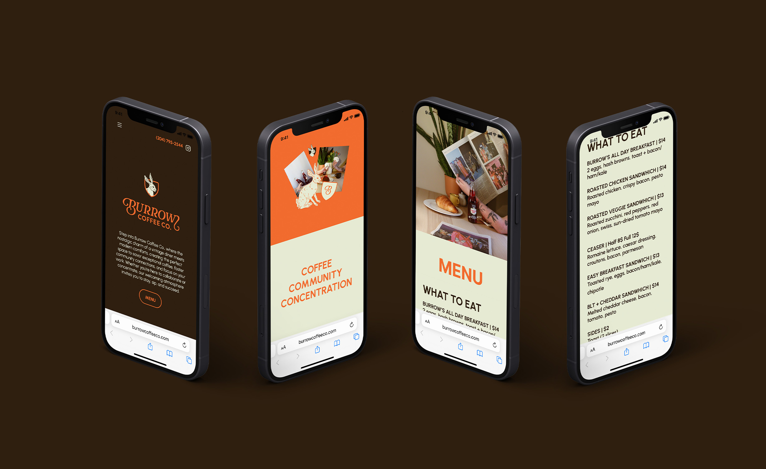Brown background, four mobile phones that show the burrow mobile phone website.