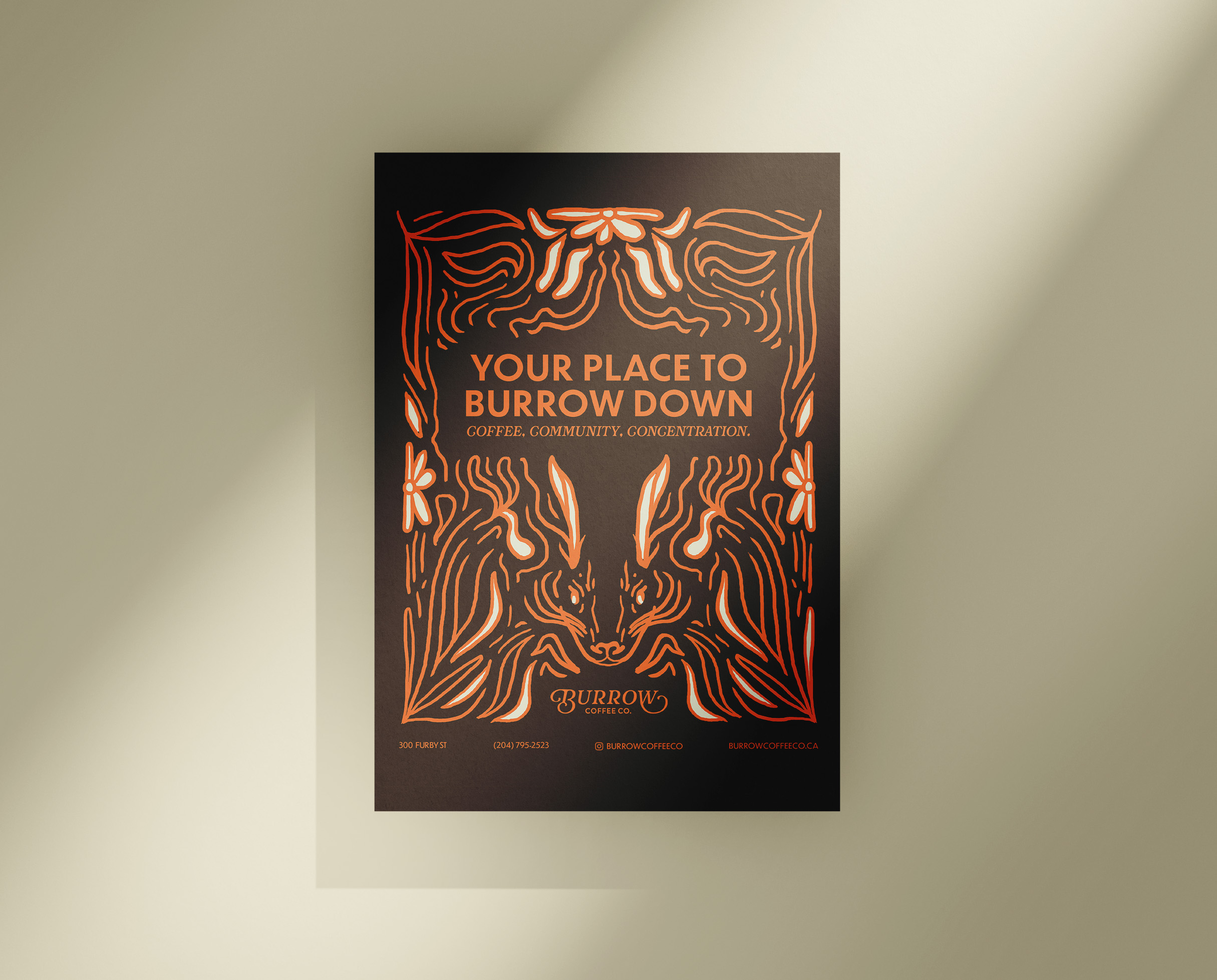 Poster for burrow coffee co. illustrated line art of flower and a face of a hare. text in the middle says your place to burrow down, community coffee concentration.