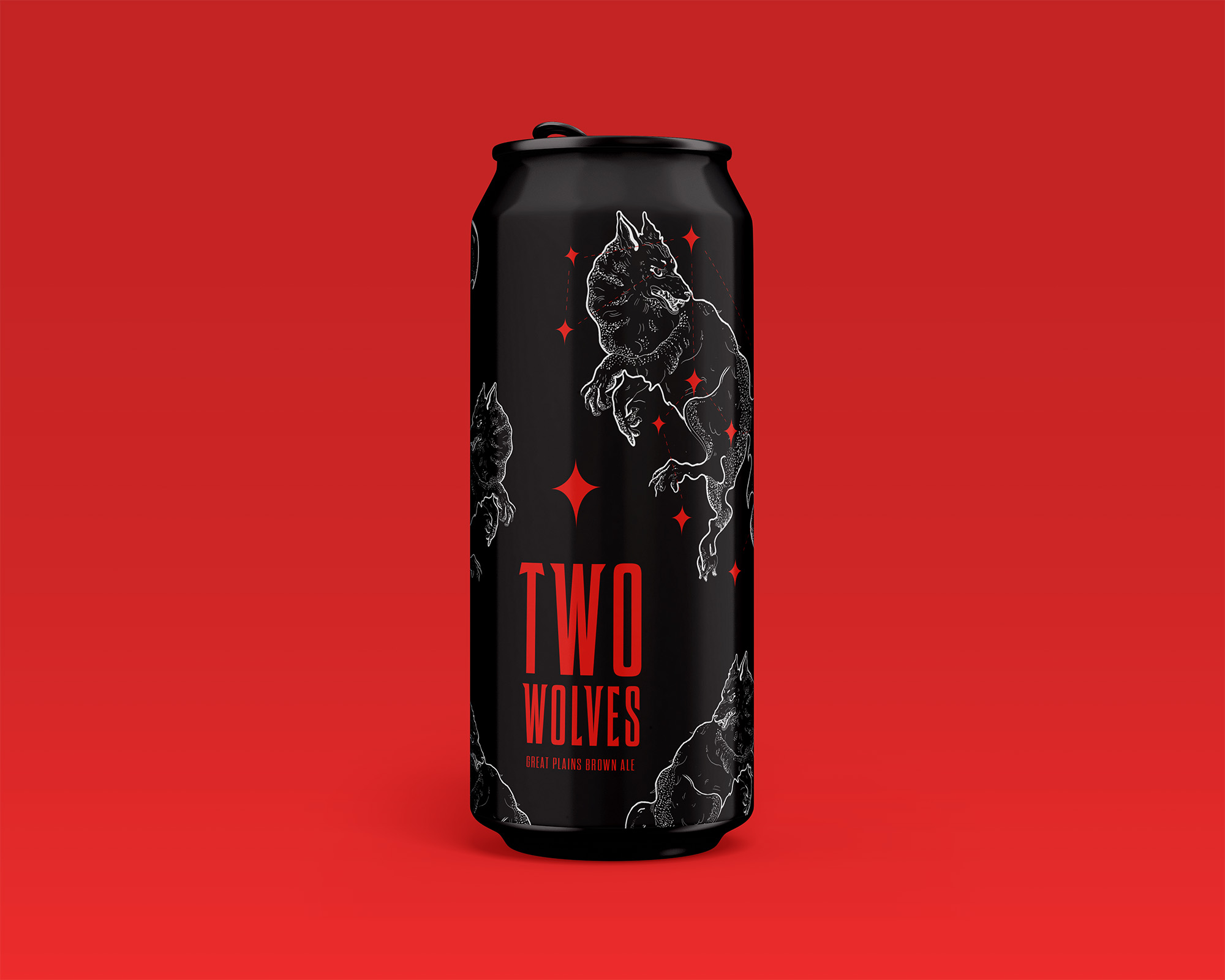 Two wolves Can redesign black can with red two wolves logo with white wolf illustration. On pain red background.