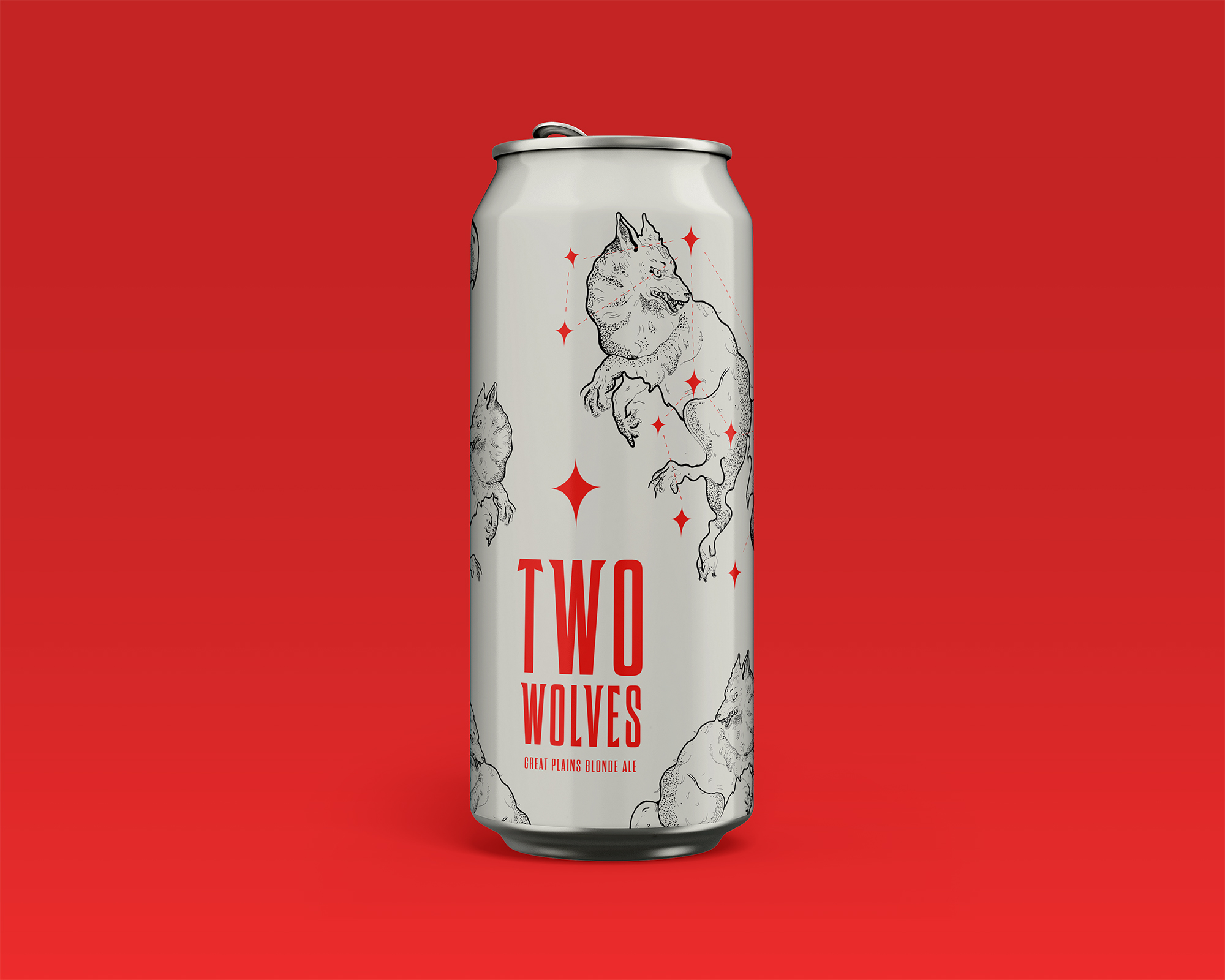 Two wolves Can redesign white can with red two wolves logo with black wolf illustration. On pain red background.