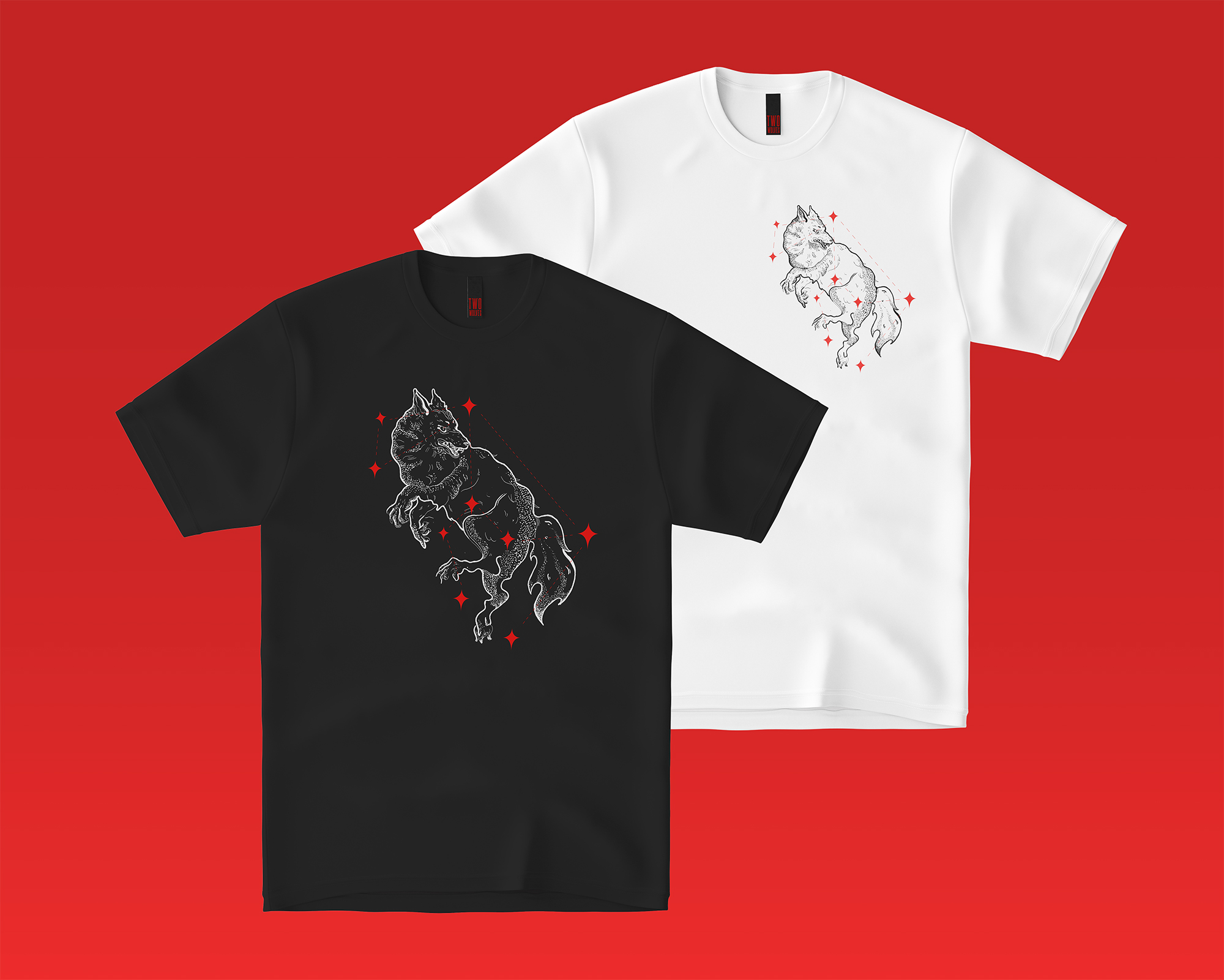 Flat spread of two t-shirts one black with the white wolf illustration and a white t-shirt with the black wolf illustration. On a flat red background.