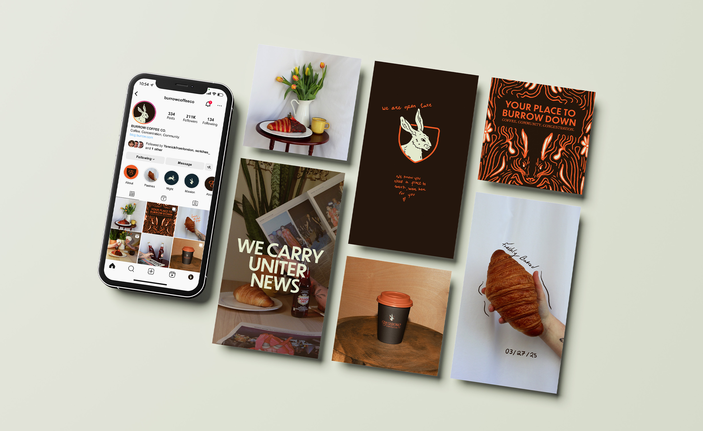 Cream background featuring Iphone open to Burrow Coffee Co instagram home to the right of the phone are posts and stories