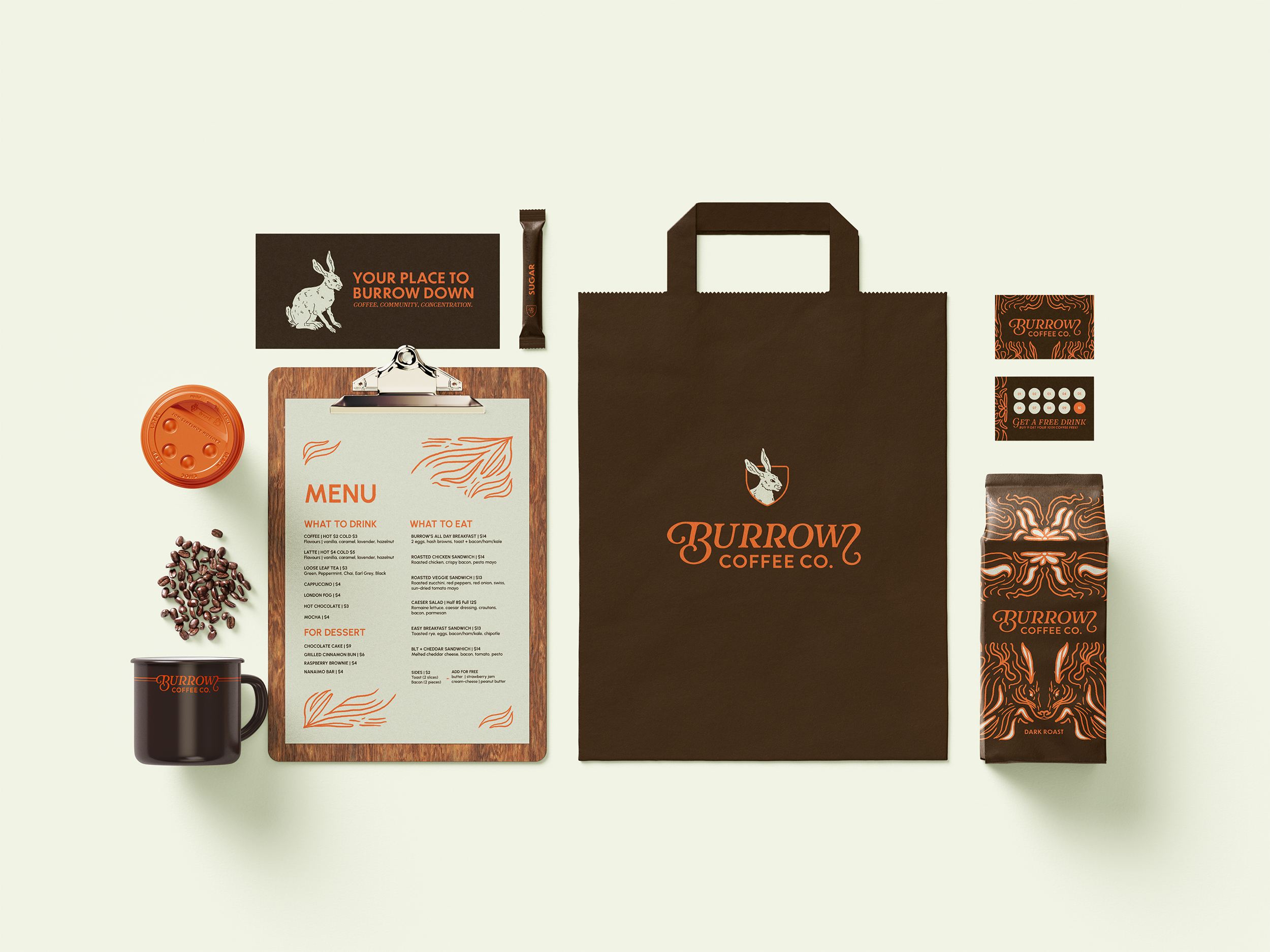 flat spread of burrow brand materials, coffee cup, menu, bag, loyalty card, coffee bag.