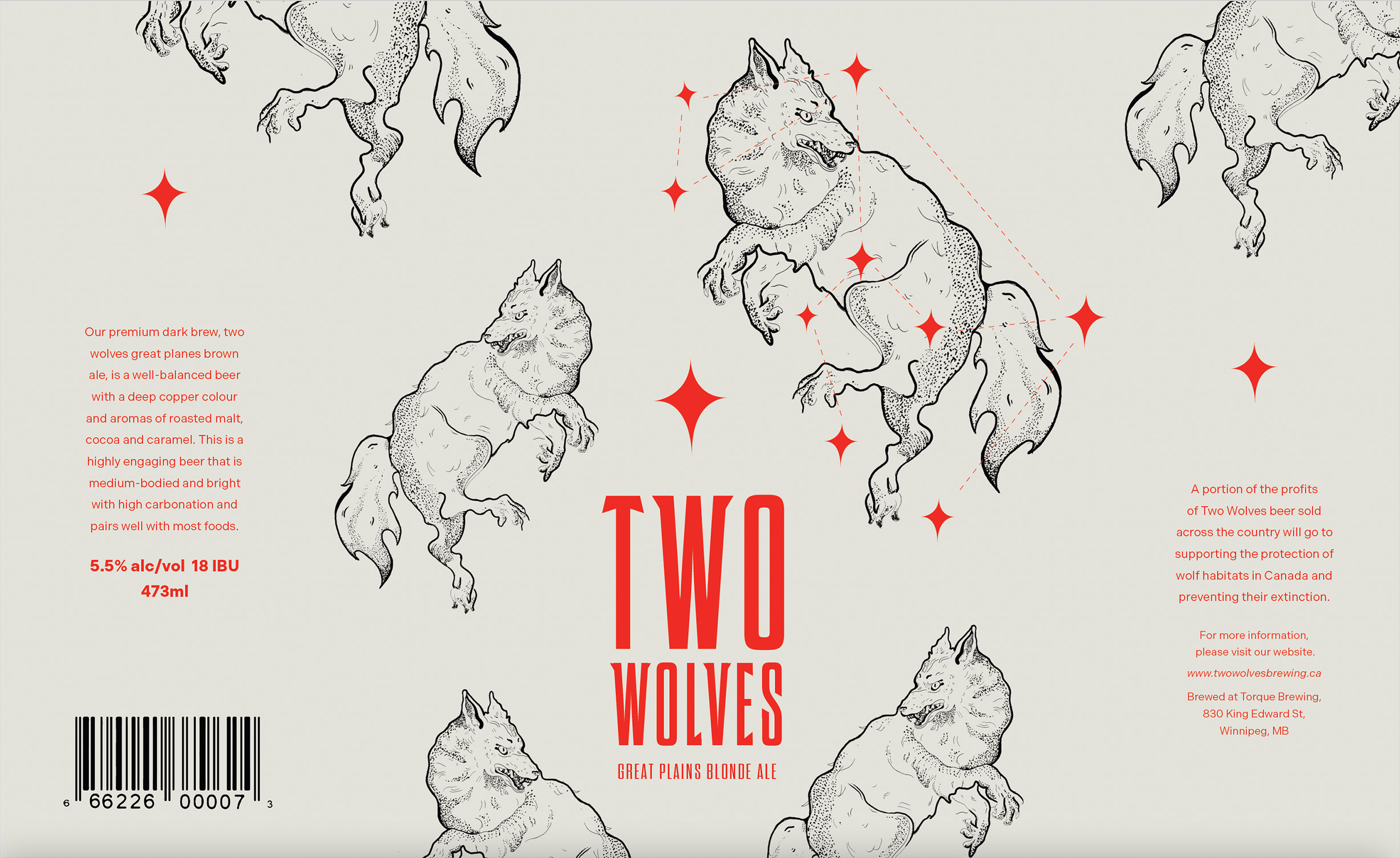 Flat layout spread of white two wolves can redesign. centre is red two wolves logo with four illustrated images of wolves. on each end is text about the contents of the drink.