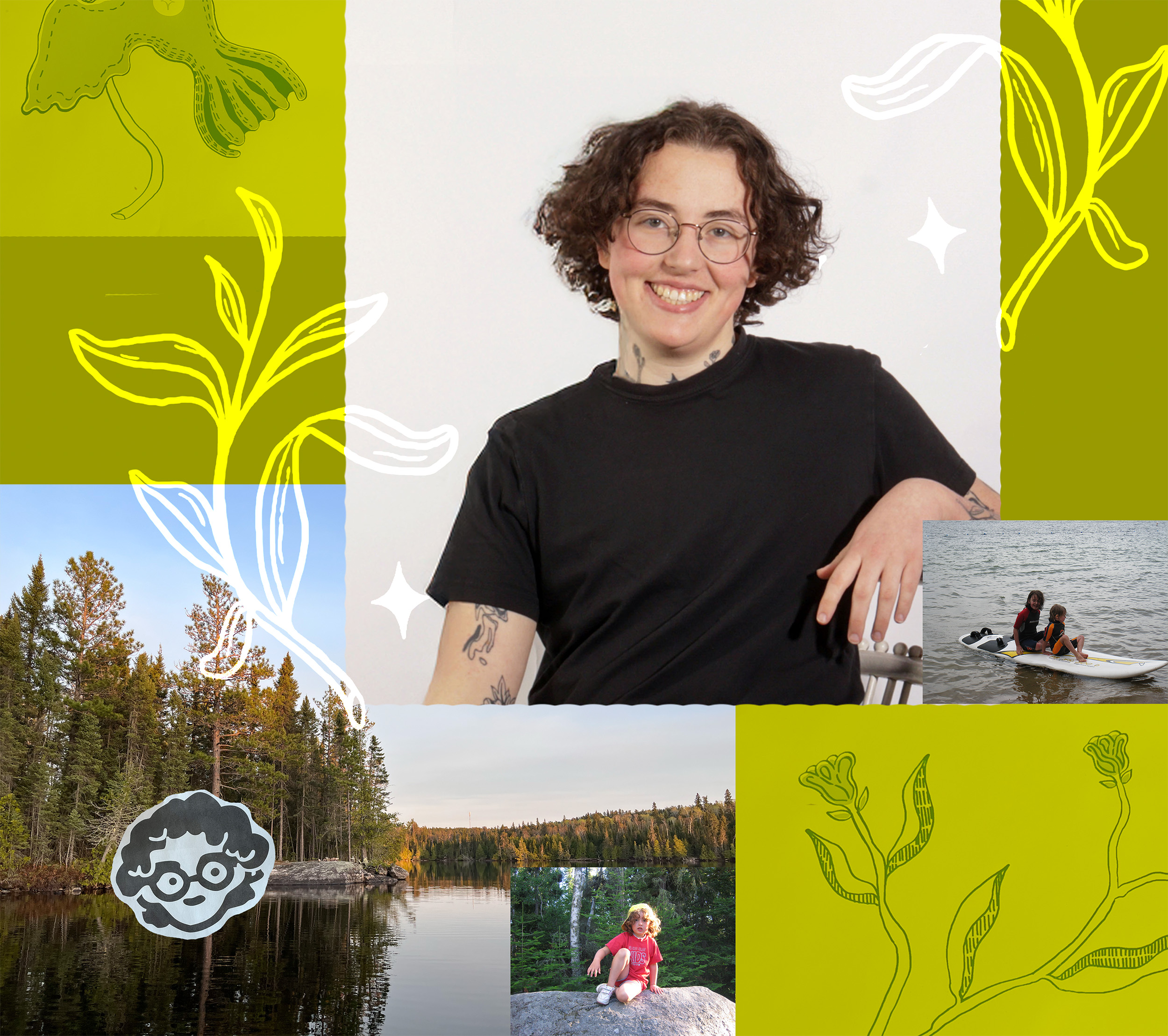 collage of Bronwyn Watson, green background, leaf illustration, phots of childhood and photos of trees.